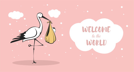 A stork is holding a baby bird in its beak. Postcard with pink background. Welcome to the world.