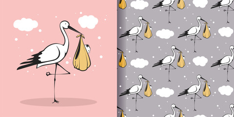 A stork is holding a baby bird in its beak. Seamless pattern for gift paper, fabric, print 01