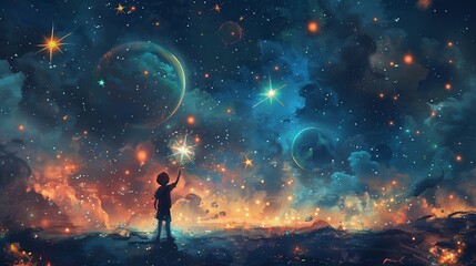 The artwork depicts a boy surrounded by celestial bodies, reaching for the twinkling stars in the night sky with a sense of wonderment. - obrazy, fototapety, plakaty