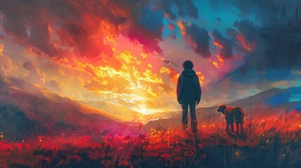 A wanderer and a canine observing the vibrant glow in the canyon, depicted in a digital artistic manner through an illustrated painting - obrazy, fototapety, plakaty