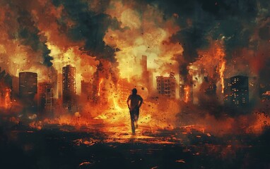 A man fleeing from zombies in front of a blazing cityscape, depicted in an illustration through digital painting techniques. - obrazy, fototapety, plakaty