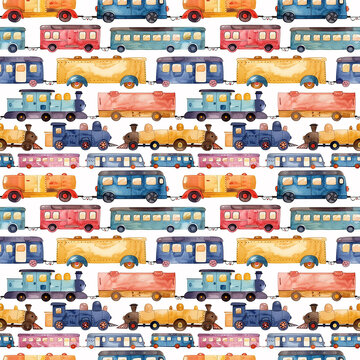 cute watercolor seamless pattern background with trains
