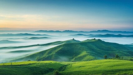 Green Hills Surrounded by Mist Against a Blue Sky, Reflecting the Peace and Serenity of Nature  Beauty