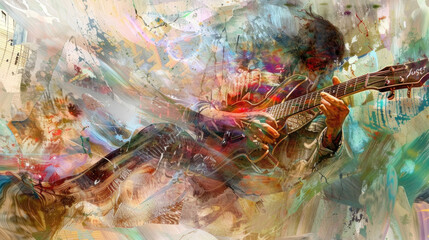 Obraz na płótnie Canvas A digital painting depicting a man playing a guitar with intense focus and passion