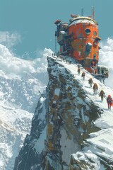Travelers hiking up the peak while carrying a floating security scanner, rendered in a digital artistic manner, depicted in a painting.