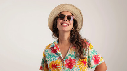 happy young woman in hat, sunglasses and summer clothes on white background, vacation, travel, tourism, holidays, portrait, face, relax, girl, smile, joy, emotions, hawaiian