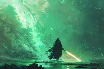 A futuristic figure cloaked in black holding a glowing spear, amidst a vibrant burst of emerald energy, portrayed in a digital artwork with an illustrative painting style. - obrazy, fototapety, plakaty
