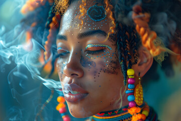 Closeup art fashion portrait of beautiful African woman  with colorful braids in neon colors smoking