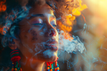 Closeup art fashion portrait of beautiful African woman  with colorful braids in neon colors smoking