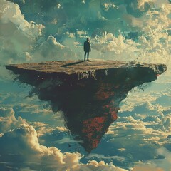 A wanderer strolls atop a floating boulder in the heavens, depicted in a digital art design with a painting style. - obrazy, fototapety, plakaty