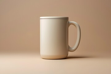 Beige aluminum mug on a beige background.
