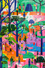 A painting of several individuals strolling among tall trees in a dense forest
