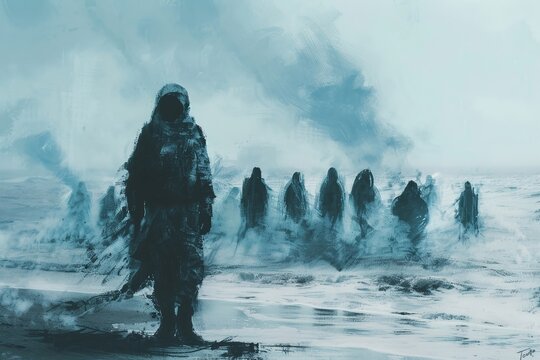 A lone soldier confronts a sea of specters on the shore, captured in a contemporary digital painting.