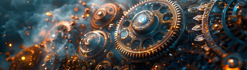 Creating the illusion of movement in a fantastical steampunk clockwork painting with malfunctioning gears. - obrazy, fototapety, plakaty