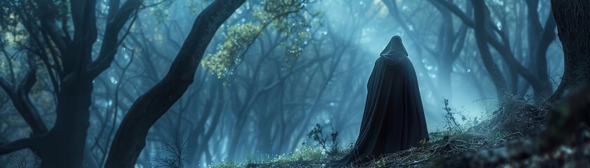 Illustration of a mysterious sorcerer wearing a dark cloak in the enchanted forest. - obrazy, fototapety, plakaty