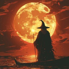 A sorcerer wielding a mystical staff stands on the deck of a sailing vessel at dusk, depicted in a digital art rendering. - obrazy, fototapety, plakaty