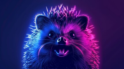   A tight shot of a raccoon's face, mouth agape, surrounded by radiant lights behind