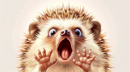   A porcupine with quills raised and mouth agape, no hands present - obrazy, fototapety, plakaty