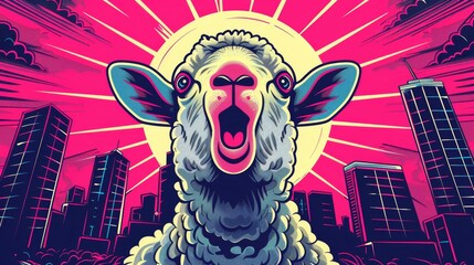  A sheep with open mouth faces cityscape, sun rises behind