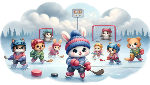 Cute animals playing hockey watercolor