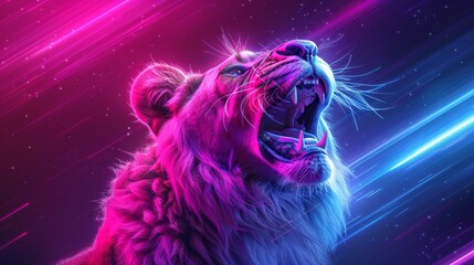   A tight shot of a lion's expressionistic face, mouth agape, set against a backdrop of twinkling stars in the night sky - obrazy, fototapety, plakaty