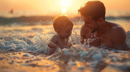 Un caldo abbraccio al tramonto mentre un papà gioca con il suo bambino tra le dolci onde del mare, la gioia della paternità in mostra, papà e bebè - obrazy, fototapety, plakaty