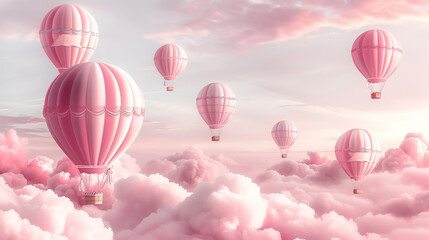 Dreamy Pink Hot Air Balloons Floating in Cloudy Skies