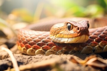 Obraz premium Colorful snake python cobra viper forest hiding waiting for prey rainforest jungle untouched nature predator venomous venom dangerous wildlife poisonous animal skin tail creepy african exotic species