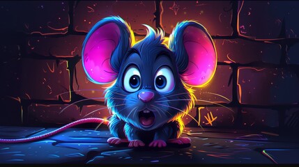   A cartoon mouse, positioned before a brick wall, gazes widely with open mouth