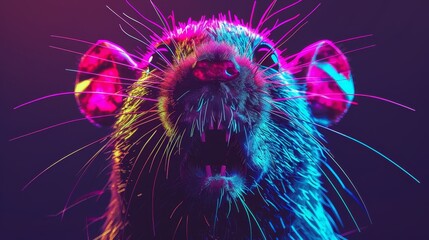   A rat's face in close-up, mouth agape, adorned with vibrant lights on its ears - obrazy, fototapety, plakaty