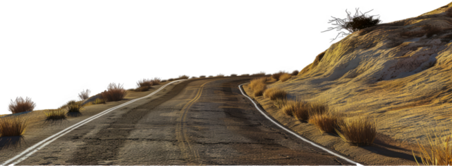 Desert road cutting through sand dunes cut out on transparent background
