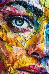 Close-up view of a persons face intricately crafted from vibrant and colorful paper pieces, showcasing artistry and creativity