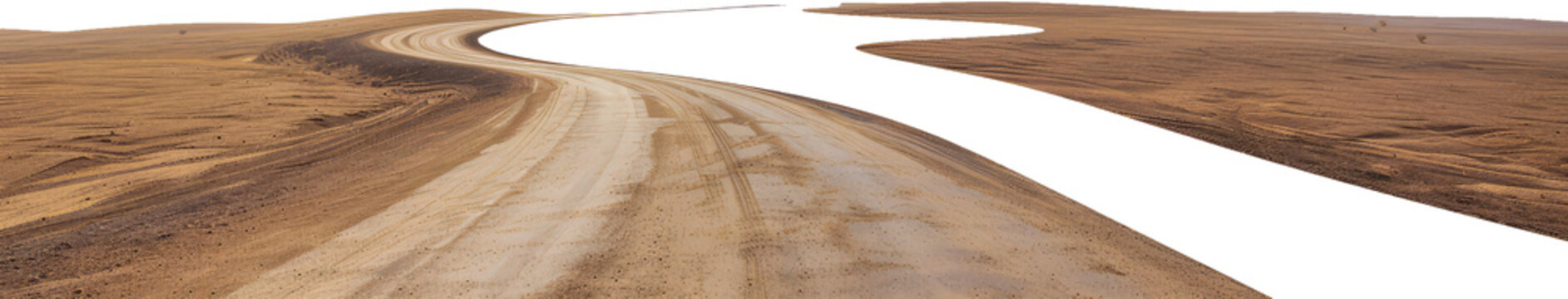 Desert road cutting through sand dunes cut out on transparent background