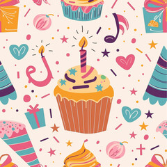 Vibrant Birthday Party Pattern with Cupcakes and Gifts Illustration