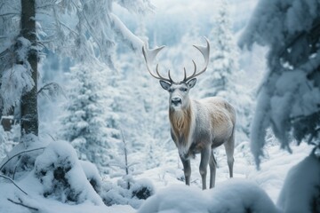 Serene Reindeer winter forest. Deer animal. Generate Ai