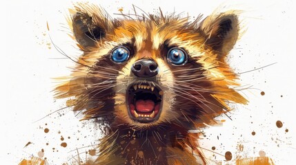   A painting of a raccoon with its mouth widely open