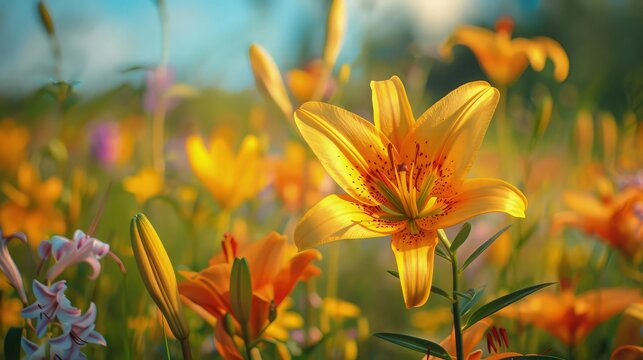 the radiant beauty of yellow flowers blooming in a field with a stunning photograph, showcasing the vibrant colors and natural splendor of the landscape.