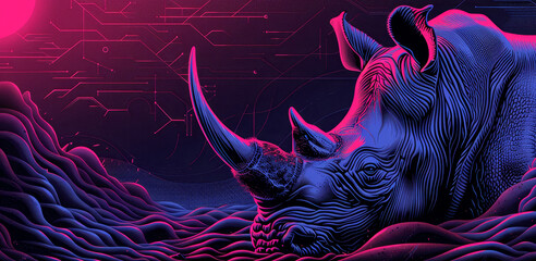   A rhino in desert's heart beneath a pink-blue sky,..Stars twinkling, lines from evening's decree - obrazy, fototapety, plakaty