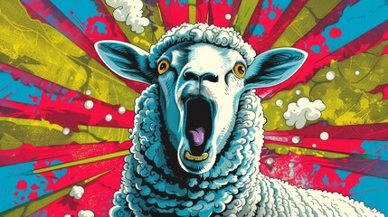   A painting of a sheep with open mouth against a backdrop of red, yellow, and blue