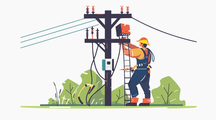 Electrician making repairs at a power pole. Vector illustration