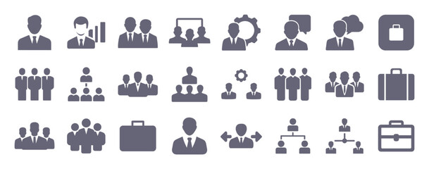 Management glyph flat icons. Vector solid pictogram set included icon as business crm, meeting, leadership, team work, human resource silhouette illustration for infographic.