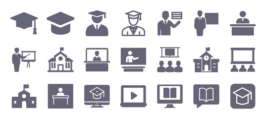 Education glyph flat icons. Vector solid pictogram set included icon as training seminar, teacher presentation, students classroom, university building, lesson silhouette illustration for infographic.