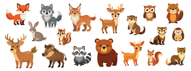 Forest animals flat cartoon illustration. Cute fox, wolf, brown bear, owl, deer, chipmunk, lynx vector clipart of wildlife for children book.