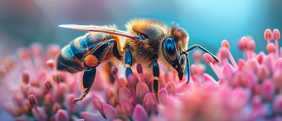 A closeup of a bee pollinating a flower the intricate textures and vivid colors highlighted by side lighting - obrazy, fototapety, plakaty