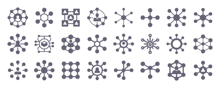 Network glyph flat icons. Vector solid pictogram set included icon as global connection, social communication, data integration, technology map silhouette illustration for infographic.