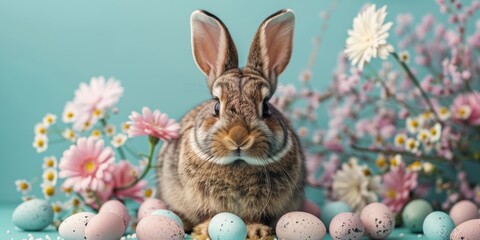 Fototapeta na wymiar White Rabbit Sitting Next to Flowers and Eggs