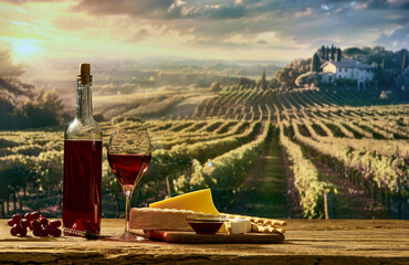 Outdoor picnic and wine degustation. Bottle and glass with red organic wine, pate with cracker and cheese for appetizers with summer vineyard on background. Concept of winemaking, beverage, nature