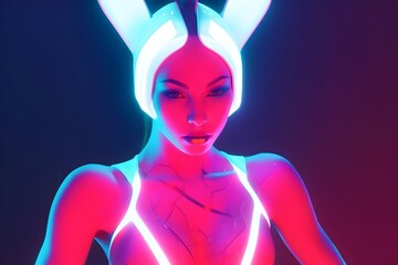 Galactic Gym: Woman donning Bunny Ears in a Neon Cosmos-themed Fitness Space