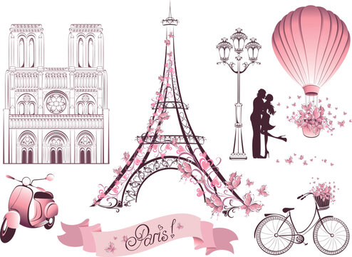 Paris famous landmark Eiffel Tower, Notre Dame de Paris, hot air balloon, lantern, couple in love, bicycle and retro scooter for Romantic design France. Set Vector Illustration