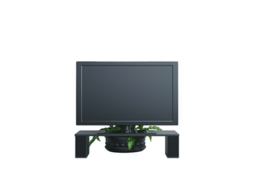 Minimalistic TV stand flanked by ornamental plants creating a tranquil space transparent background